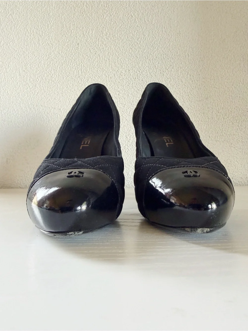 Chanel Black Quilted Suede Patent CC Cap Toe Platform Pumps EU 39